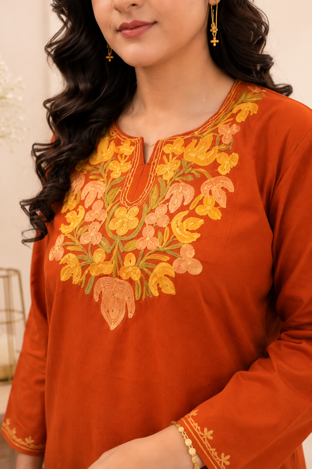 Rust Green Aari Work Short Kurti in Ruby Cotton