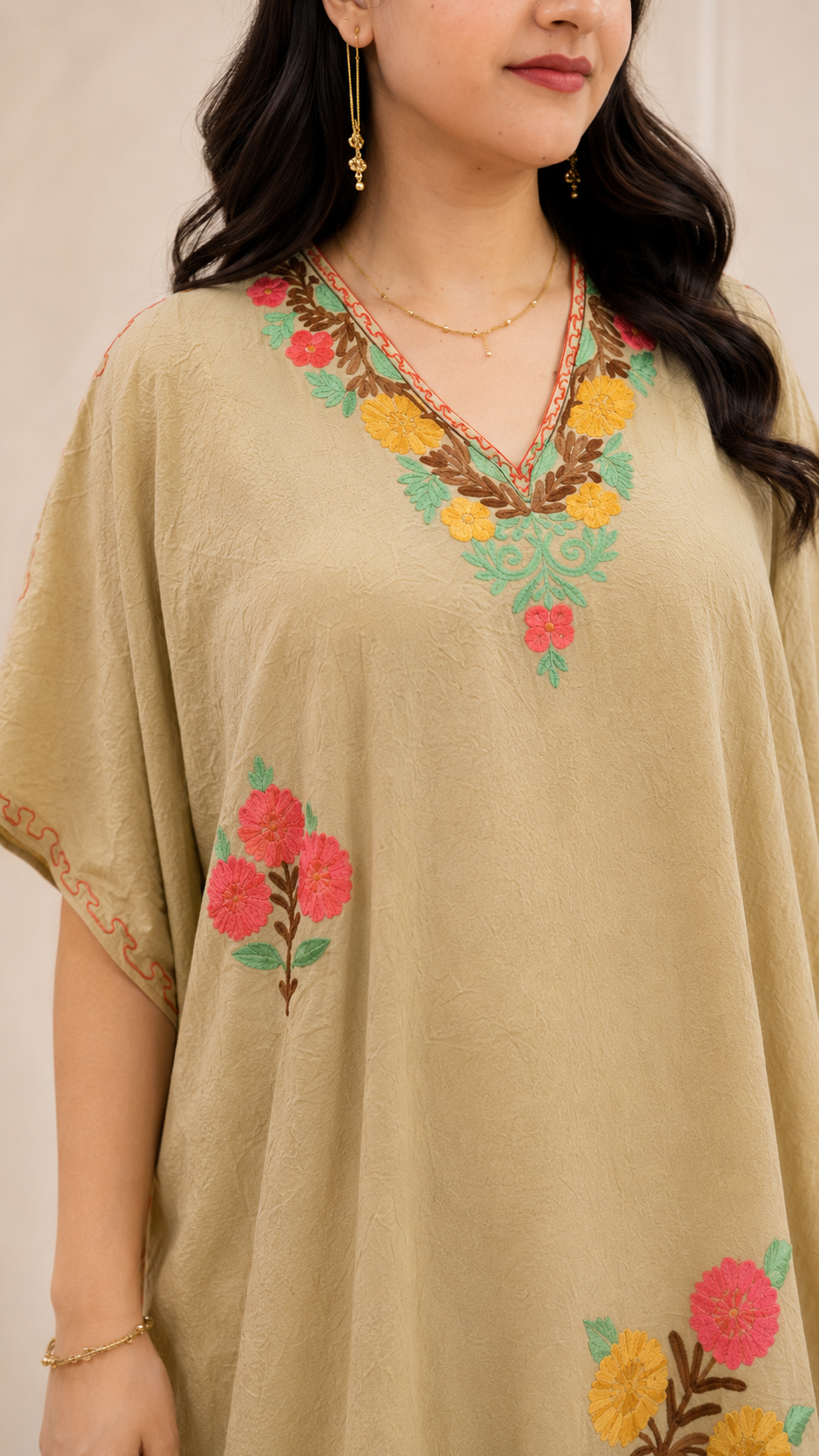 Beige Crushed Cotton Kaftan with Aari Floral Motif