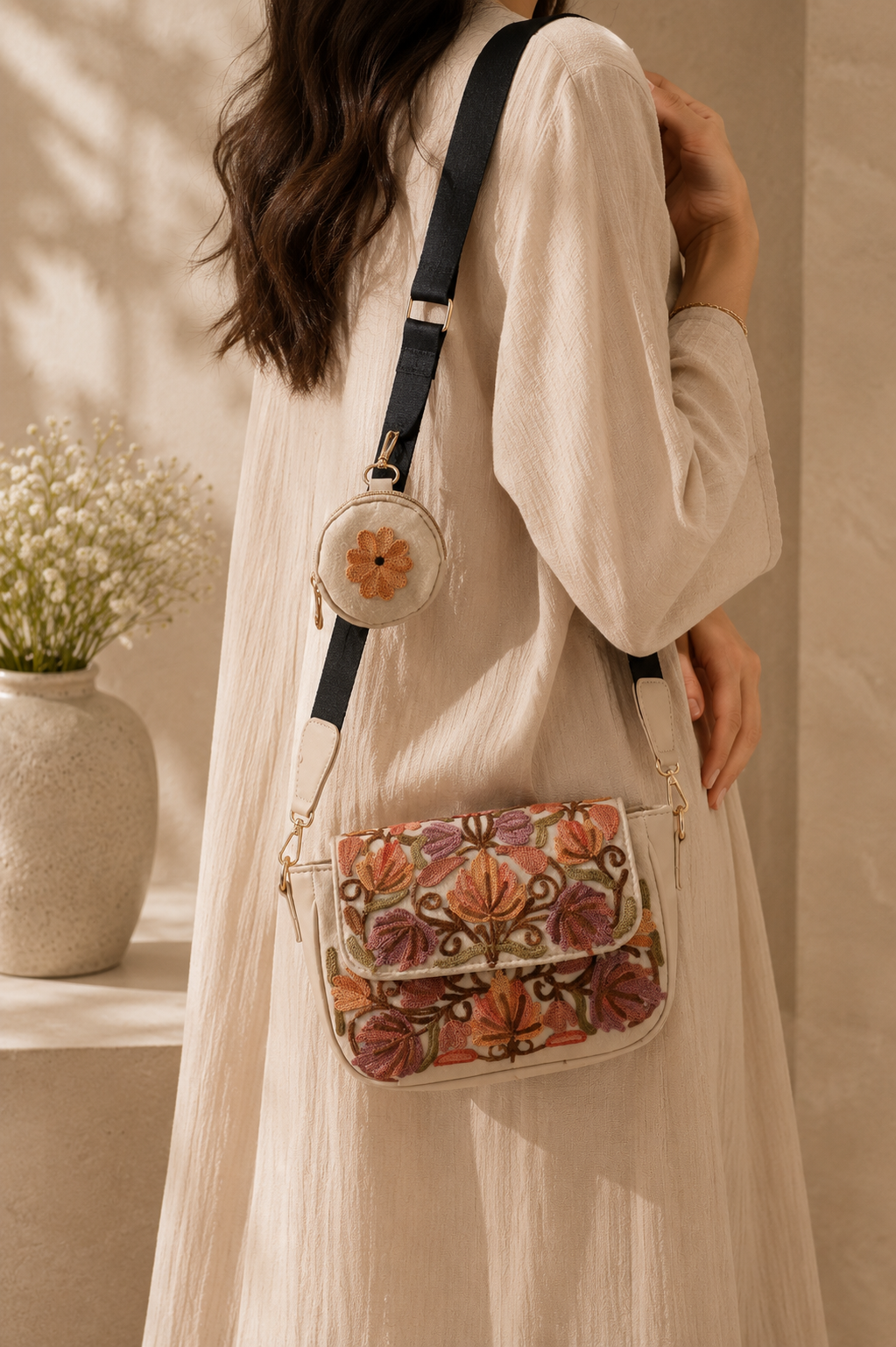 Beige Aari Work Sling Bag with Floral Motif