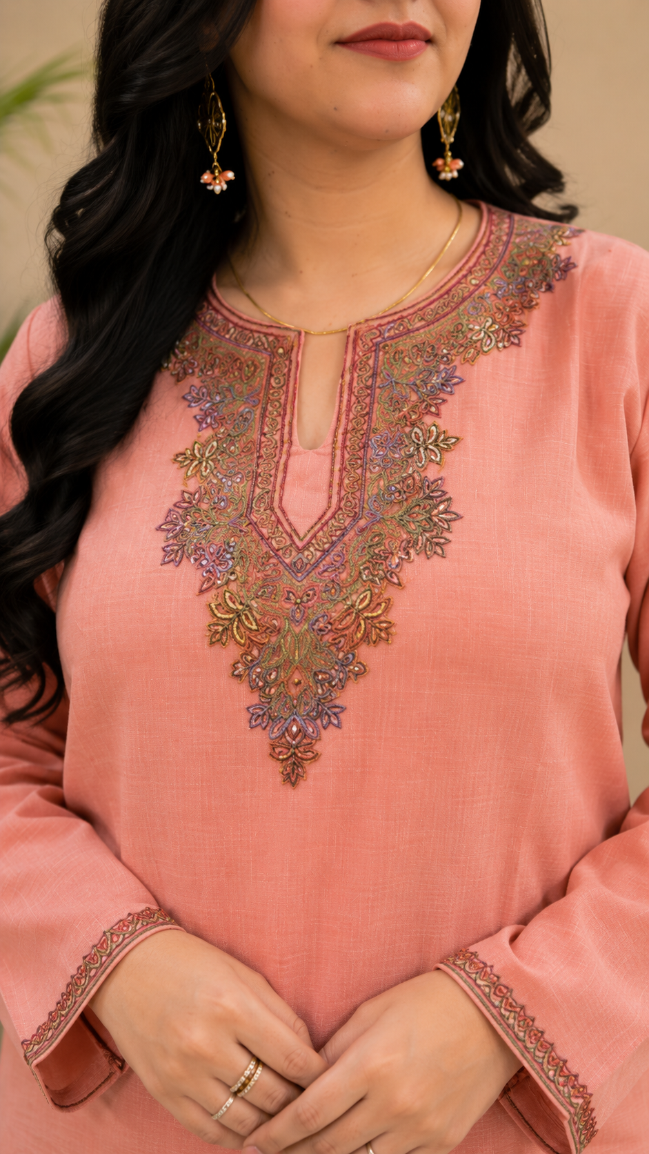 Peach Sozni Handwork Cord Set in Ruby Cotton from Kashmir