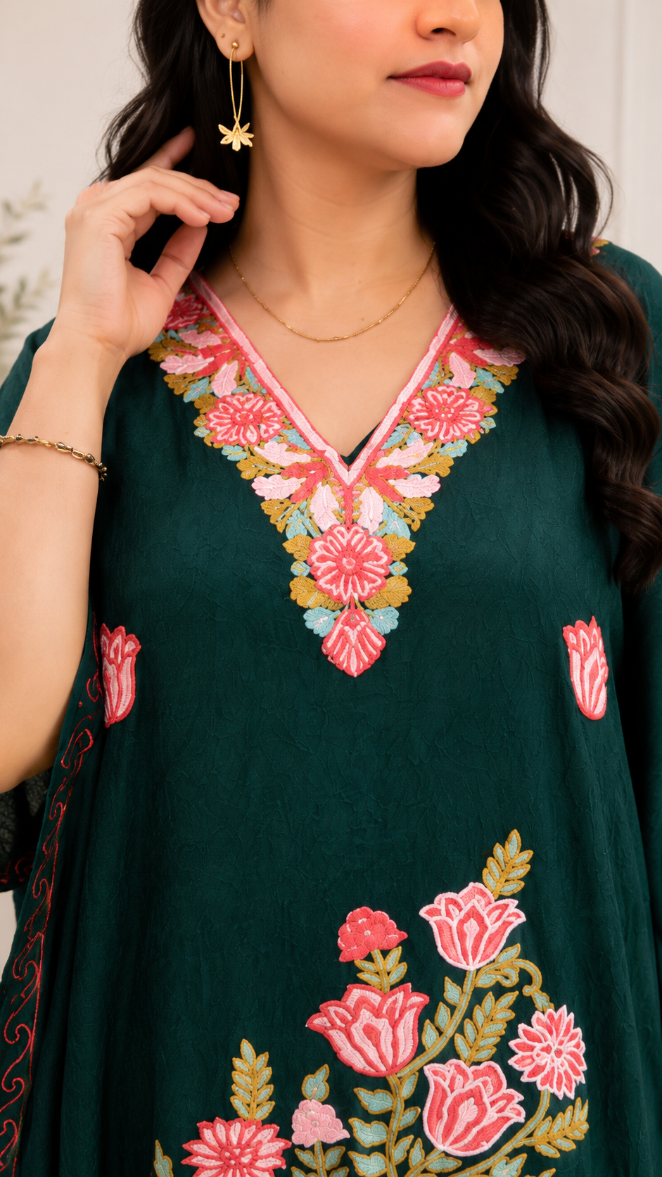 Aari Work Crushed Cotton Kaftan in Dark Green