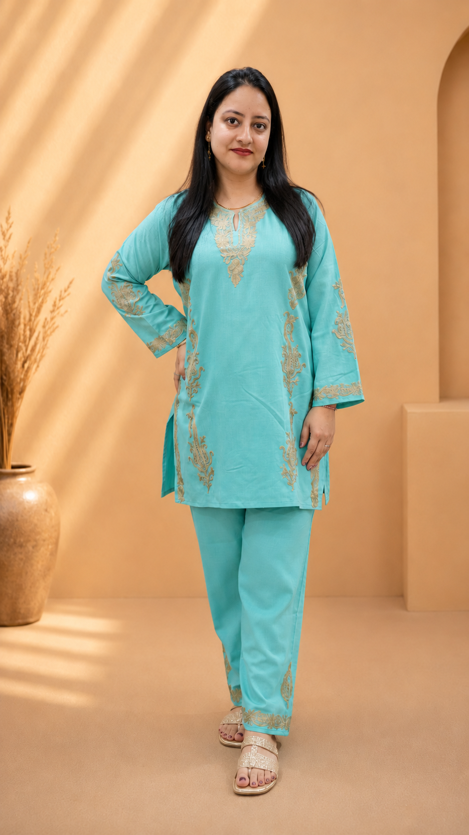Badami Side Aari Work Cord Set in Sea Green Cotton