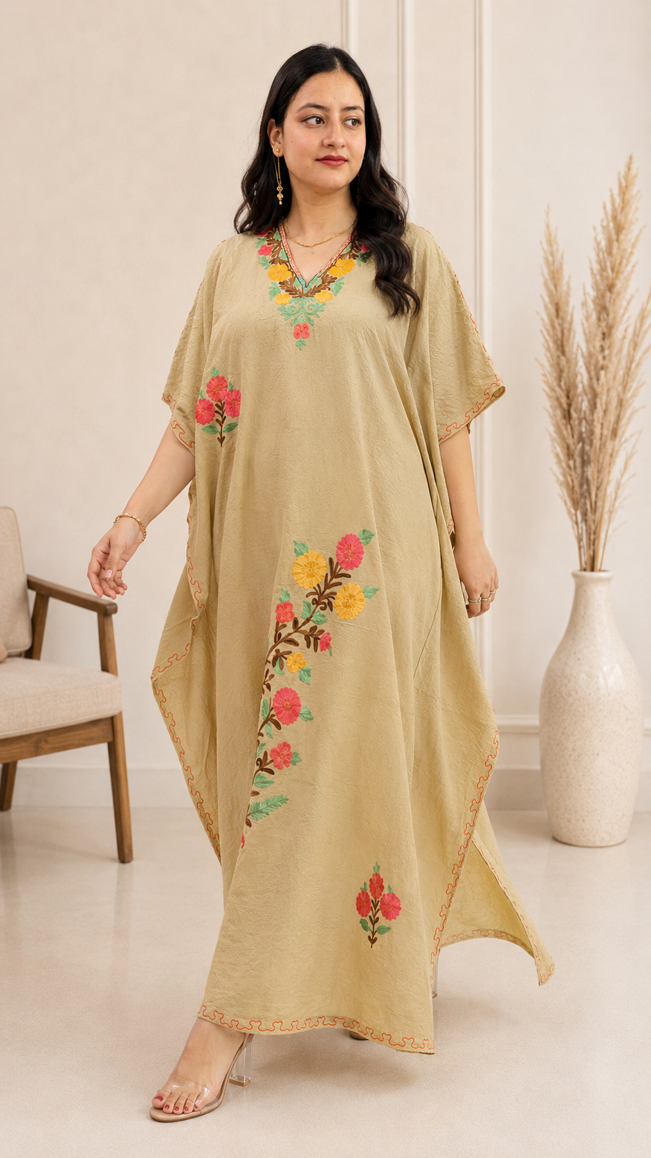 Beige Crushed Cotton Kaftan with Aari Floral Motif