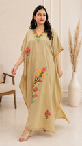 Beige Crushed Cotton Kaftan with Aari Floral Motif