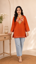 Rust Purple Aari Work Short Kurti in Ruby Cotton