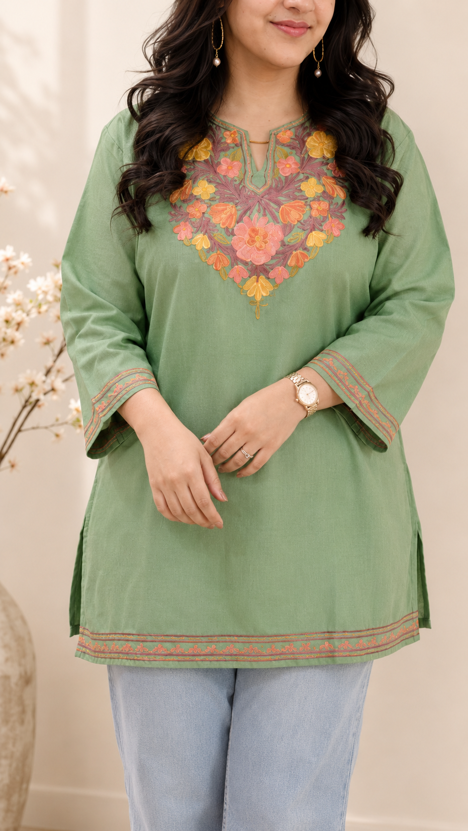 Green Wine Aari Work Short Kurti in Ruby Cotton