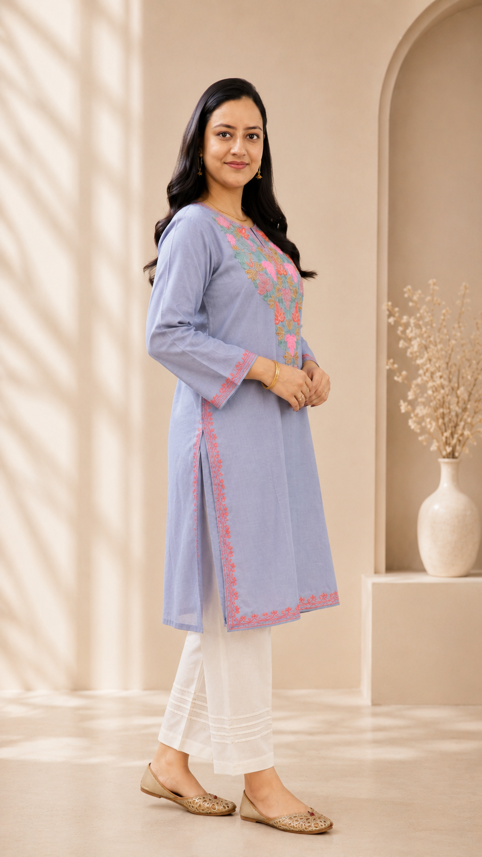 Aari Work Long Kurti in Grey Pink Ruby Cotton