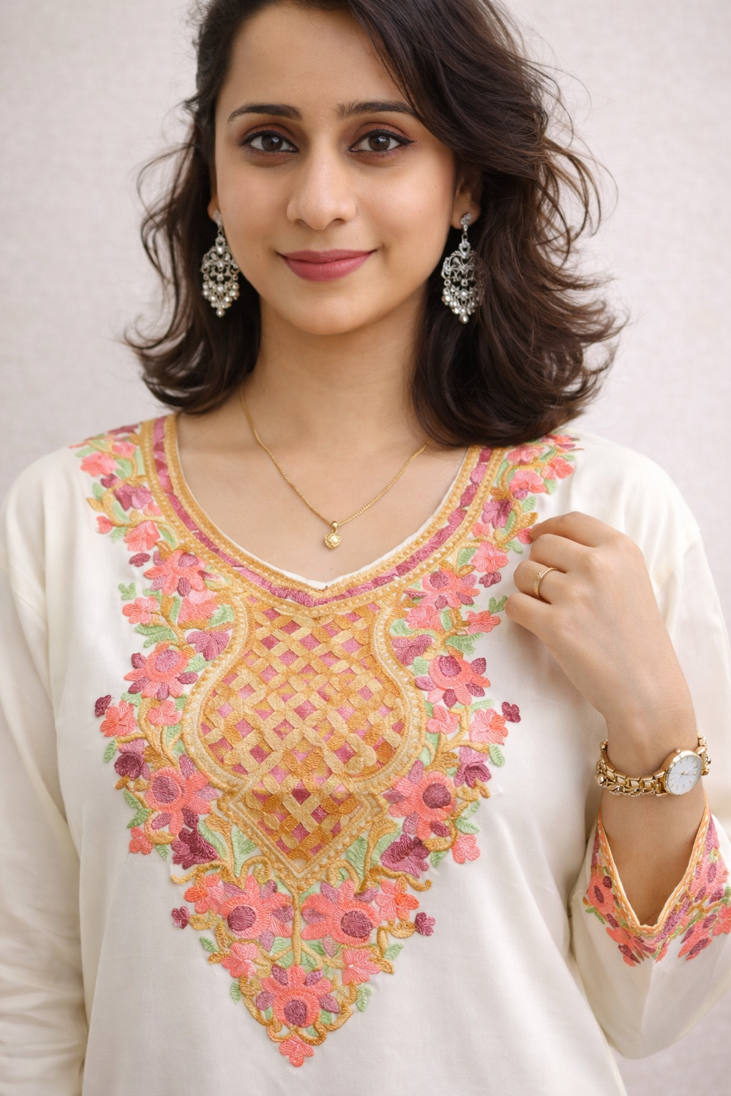 Rayon Cream Pink Kashmiri Aari Work Short Kurta