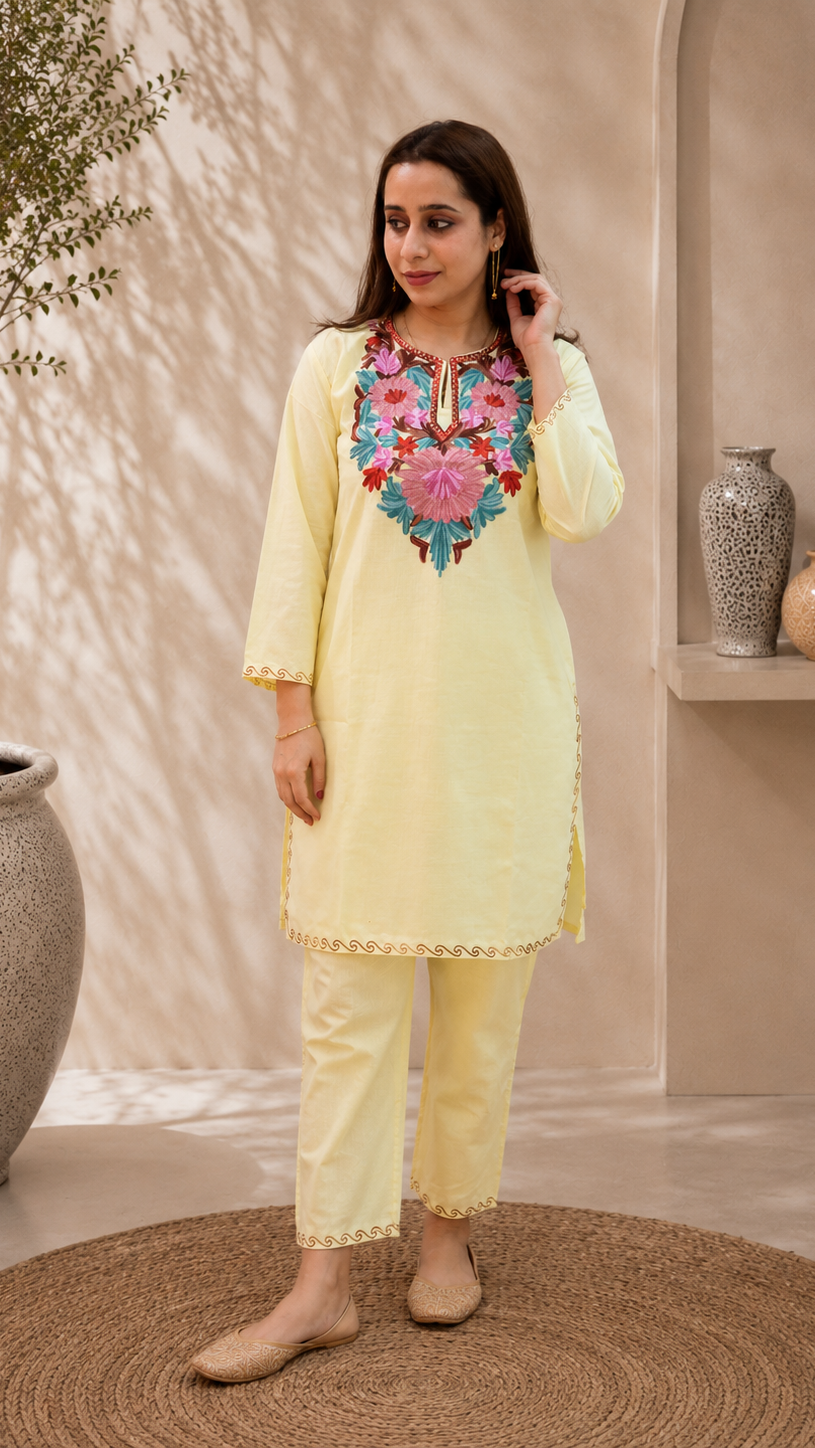 Aari Work Short Cord Set in Light Yellow Ruby Cotton