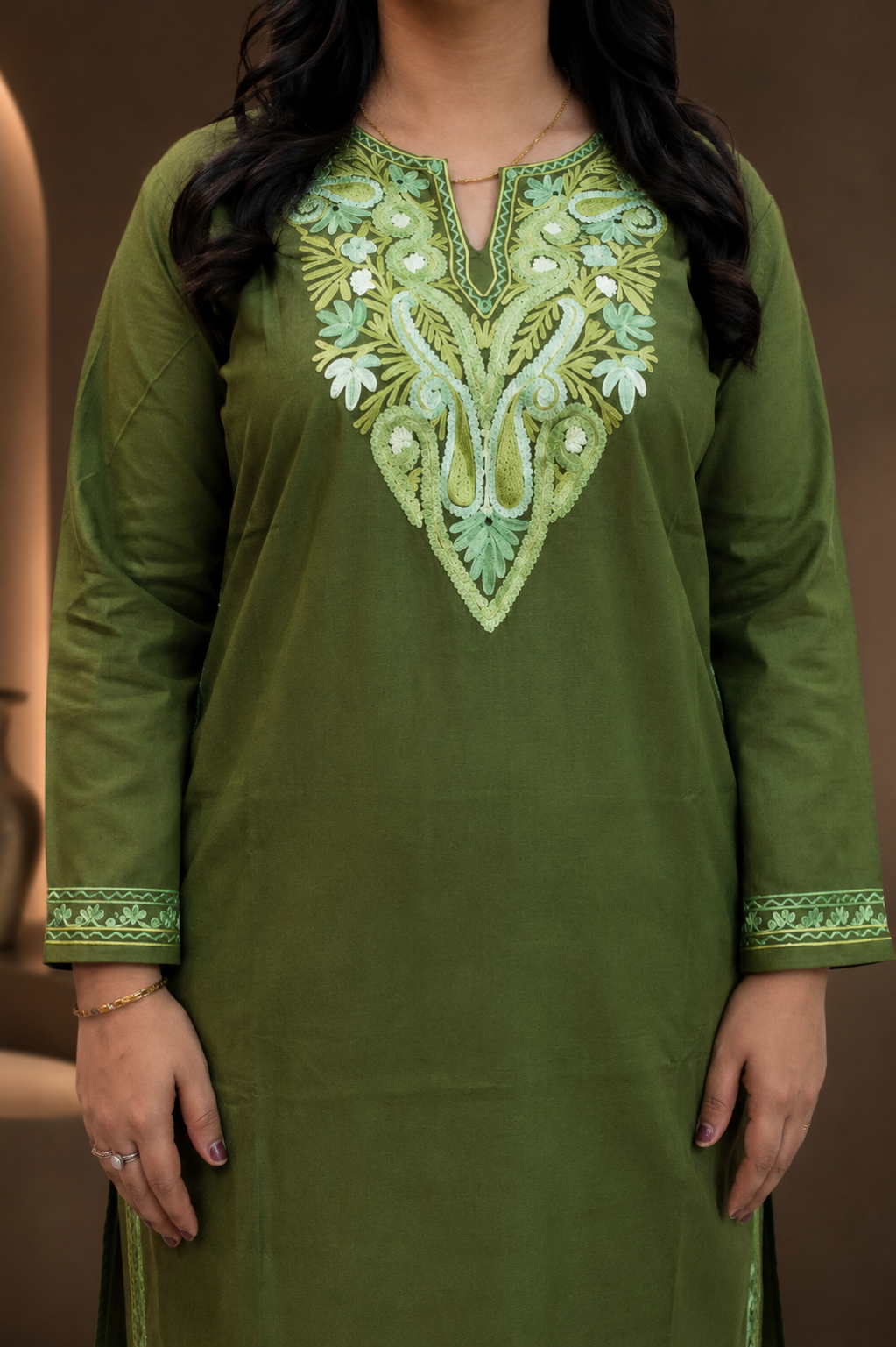 Aari Work Cord Set in Green Ruby Cotton with Floral Motifs