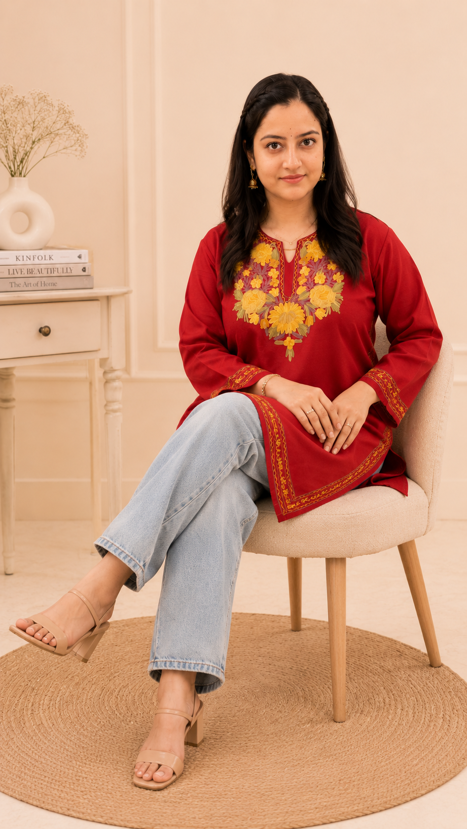 Aari Work Short Kurti in Ruby Cotton with Floral Motifs