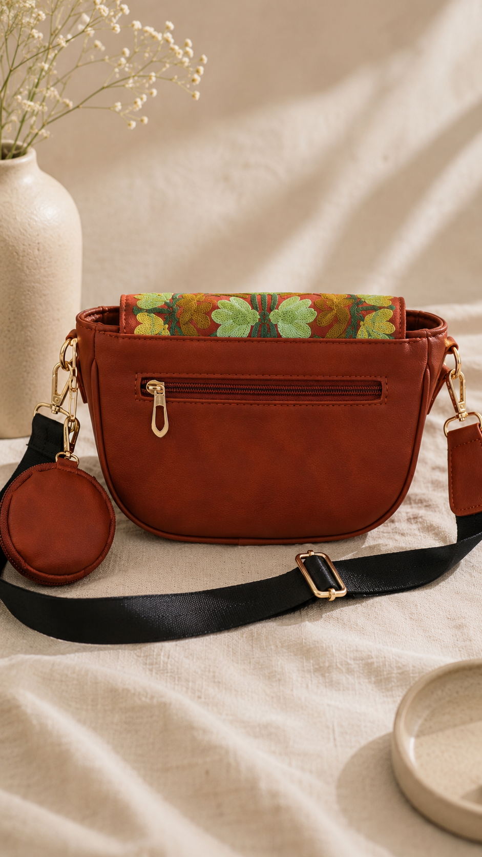 Coral Aari Work Sling Bag with Floral Motifs
