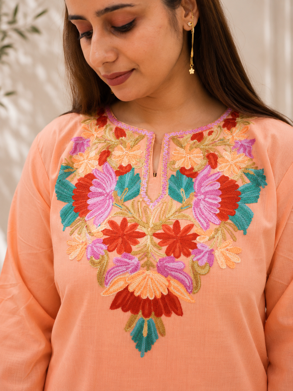 Aari Work Short Cord Set in Peach Ruby Cotton