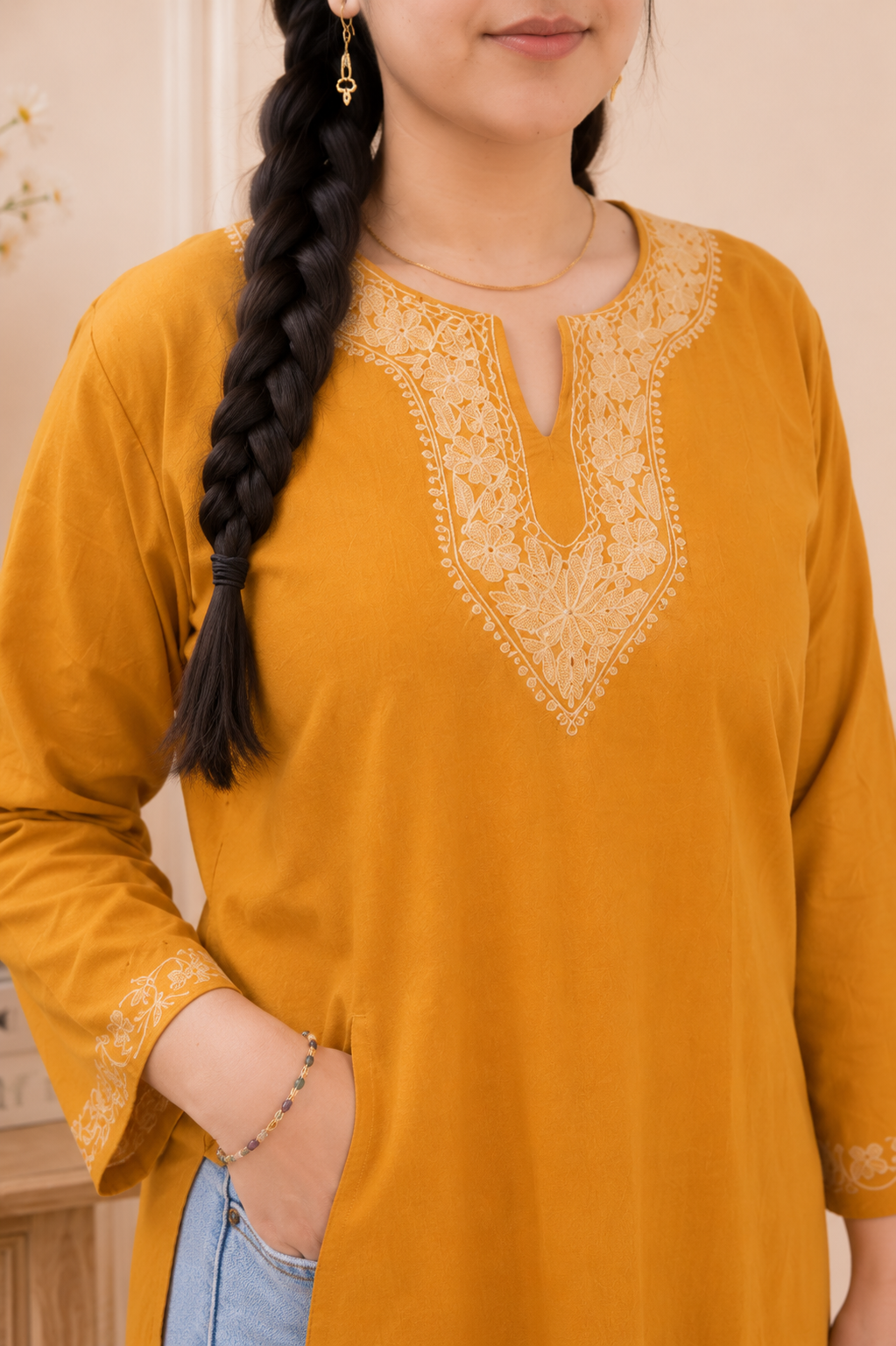 Aari Work Short Kurti in Golden Blue Ruby Cotton