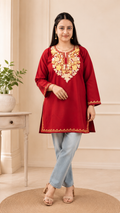 Aari Work Short Kurti in Ruby Cotton with Floral Motif