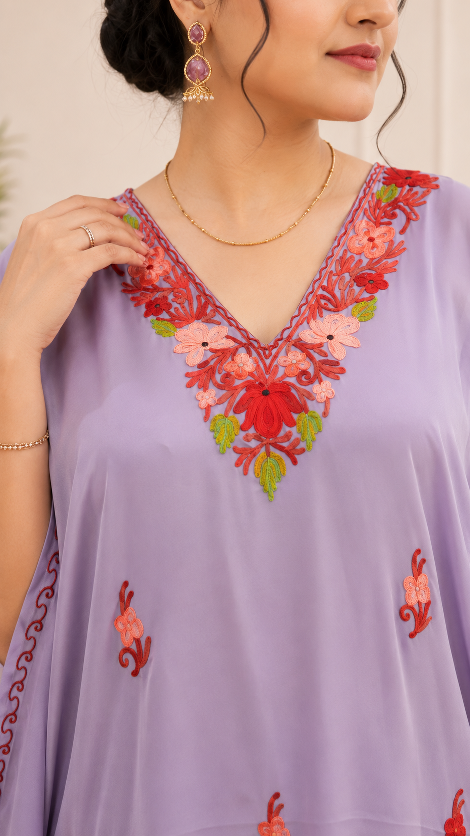 Lavender Crepe Kaftan with Aari Work Floral Motif