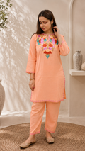 Aari Work Short Cord Set in Peach Ruby Cotton