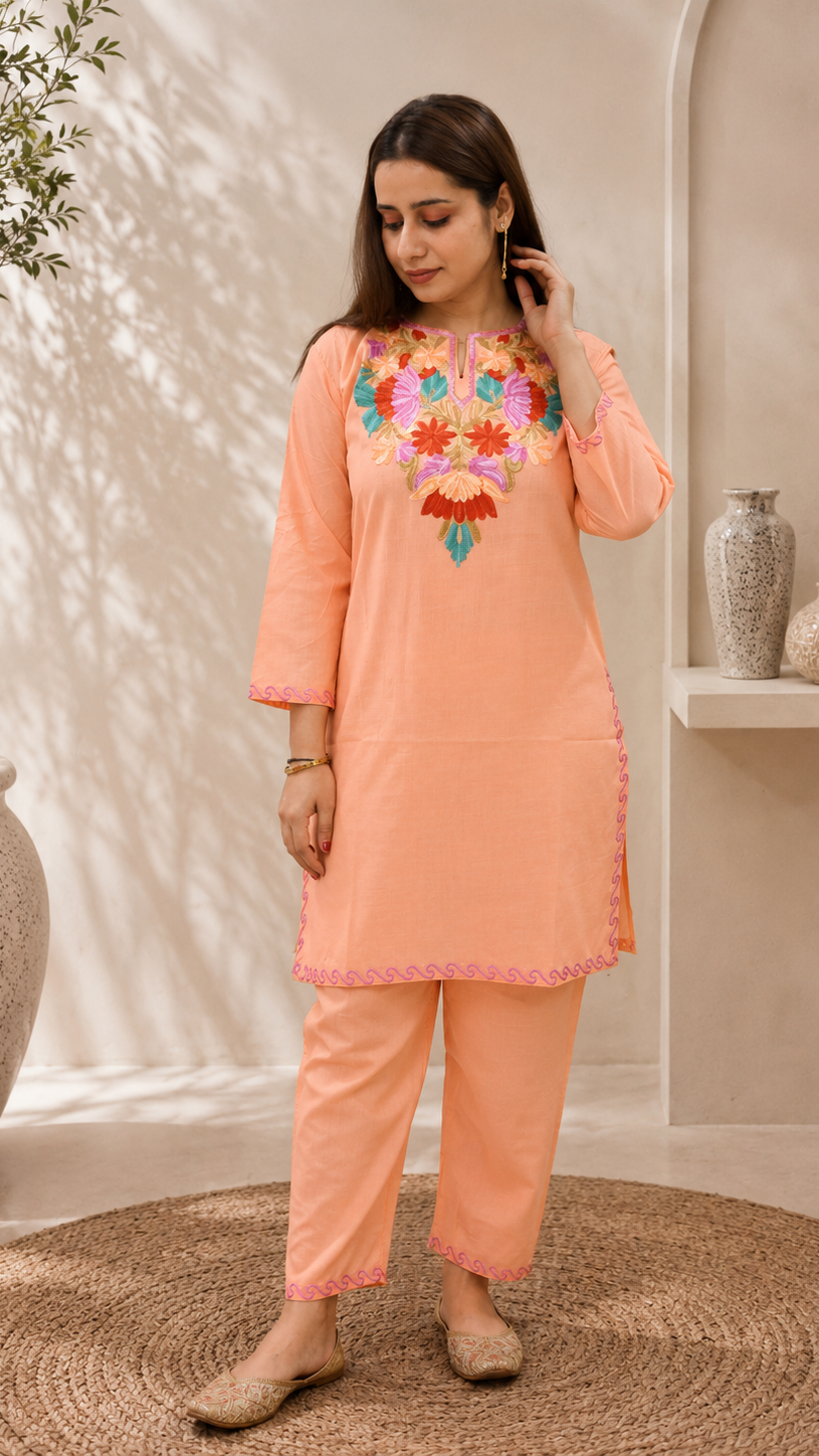 Aari Work Short Cord Set in Peach Ruby Cotton