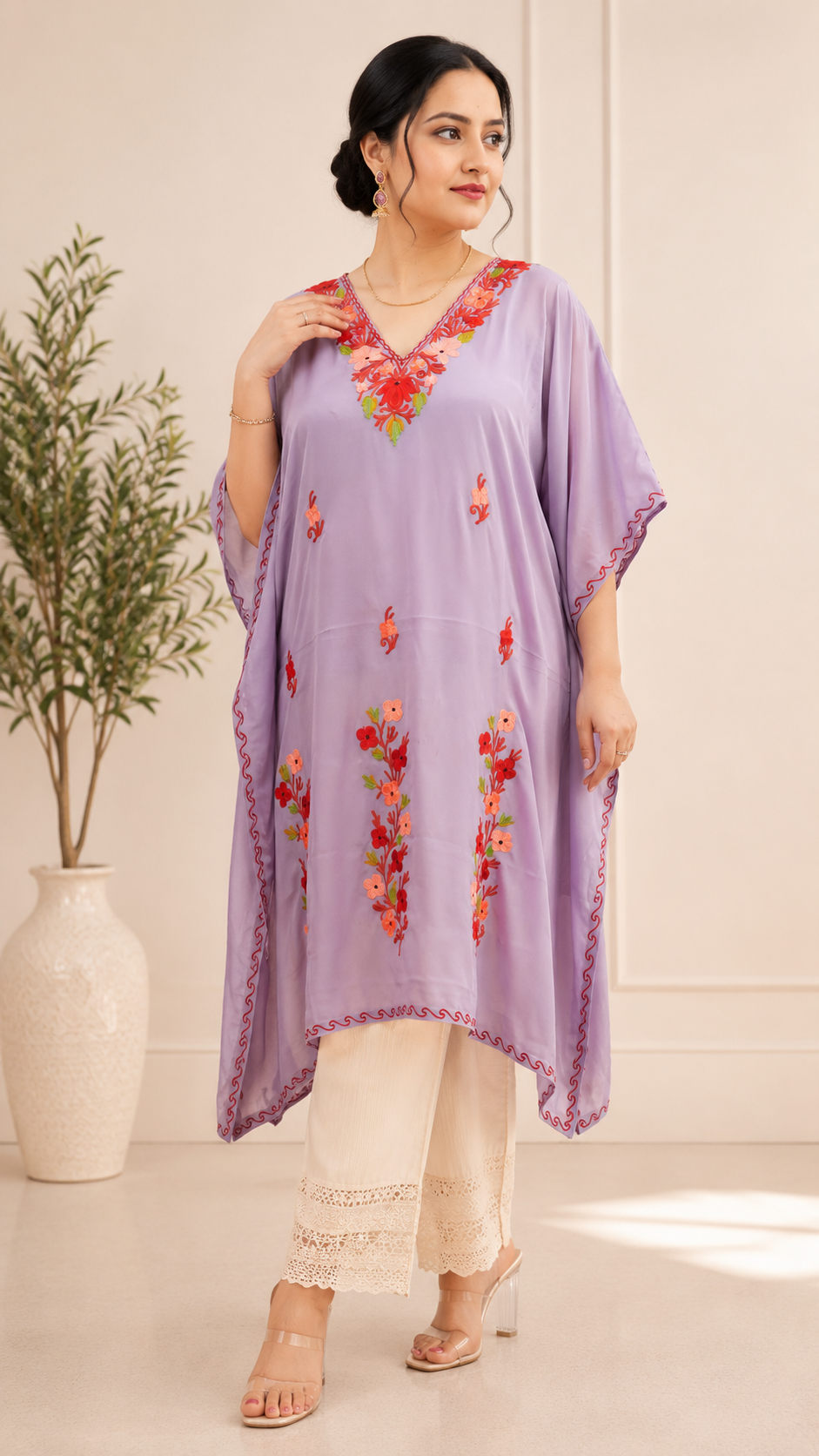 Lavender Crepe Kaftan with Aari Work Floral Motif