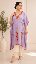 Lavender Crepe Kaftan with Aari Work Floral Motif