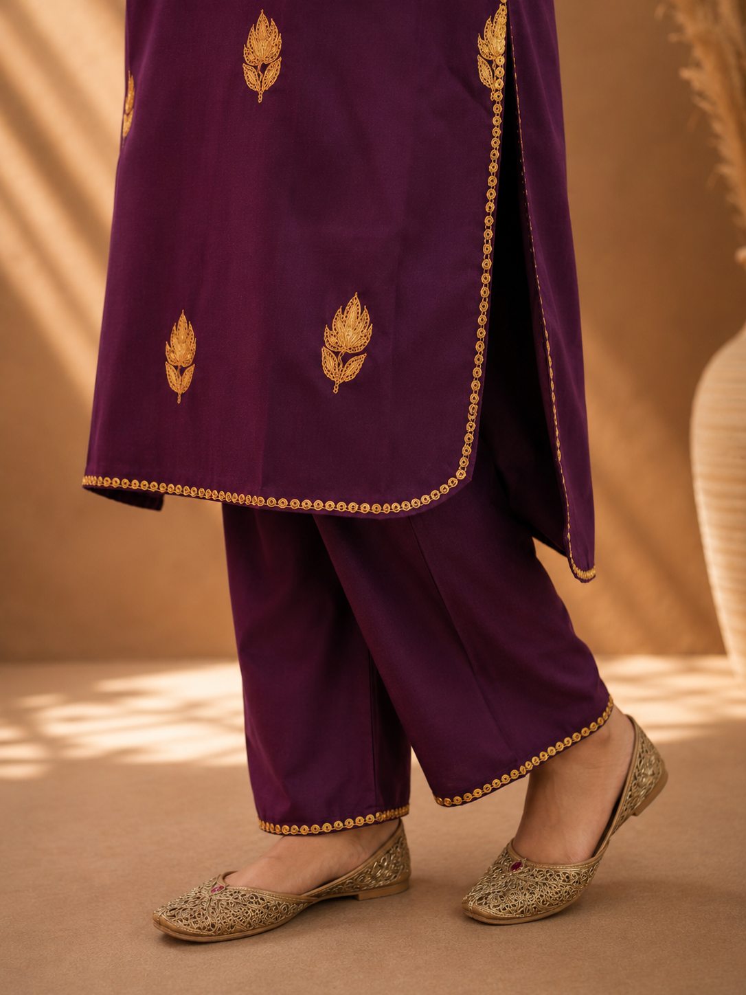 Kashmiri Tilla Work Cord Set in Wine Ruby Cotton