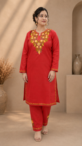 Aari Work Cord Set in Ruby Cotton with Floral Motifs