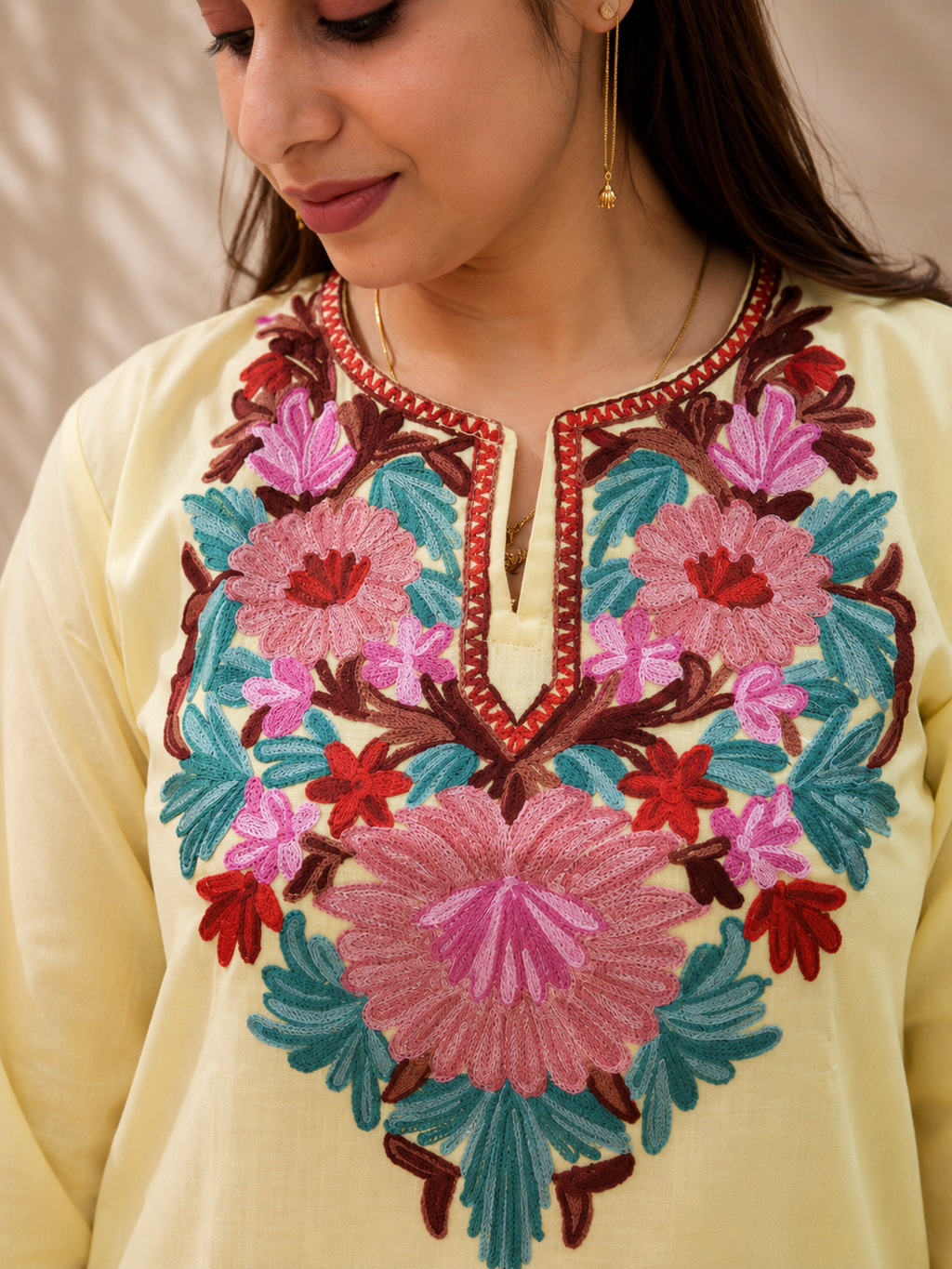 Aari Work Short Cord Set in Light Yellow Ruby Cotton