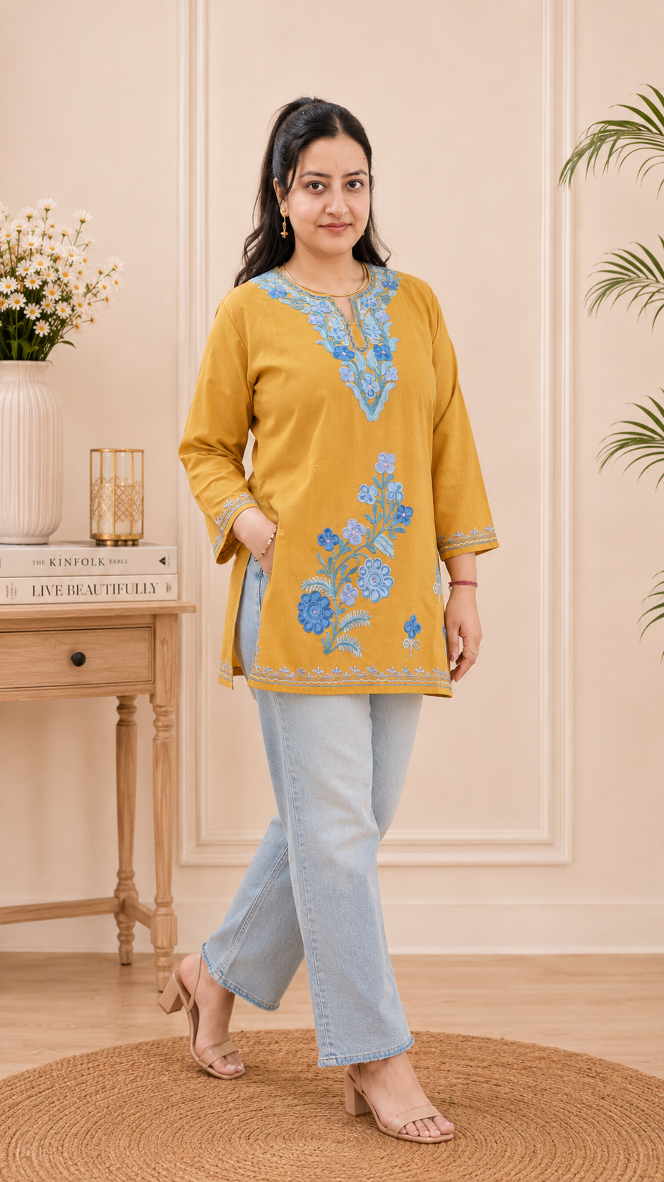 Floral Aari Work Short Kurti in Golden Navy Blue Ruby Cotton