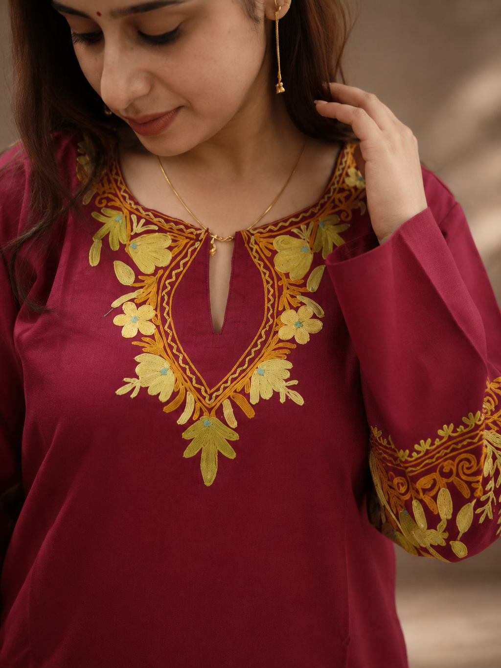 Tulip Aari Work Cord Set in Ruby Cotton with Floral Motifs
