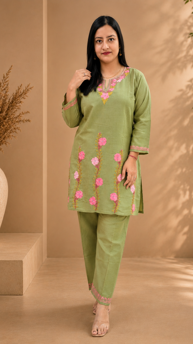 Olive Ruby Cotton Thari Daman Aari Work Cord Set