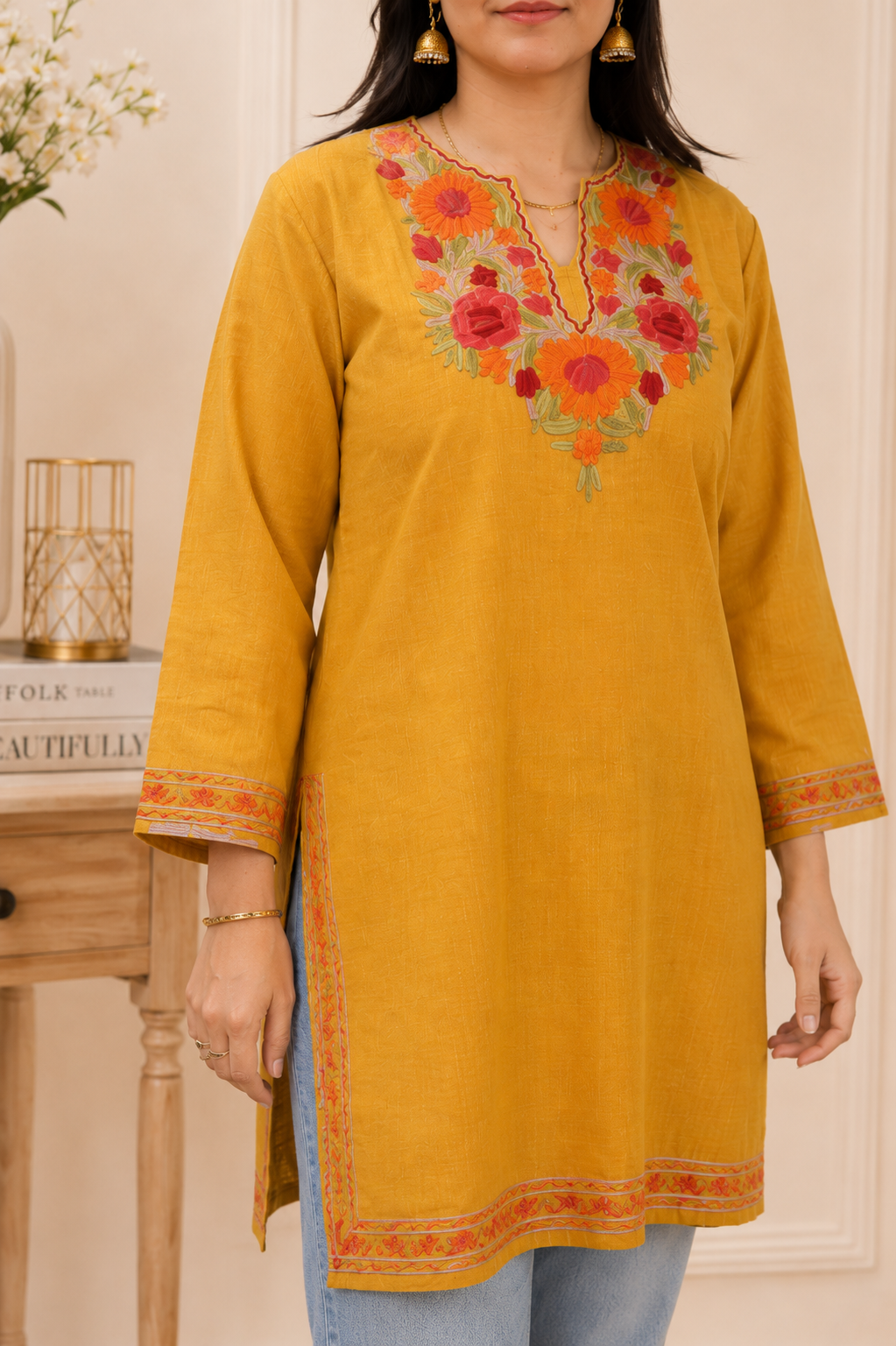 Aari Work Short Kurti in Golden Orange Red Ruby Cotton
