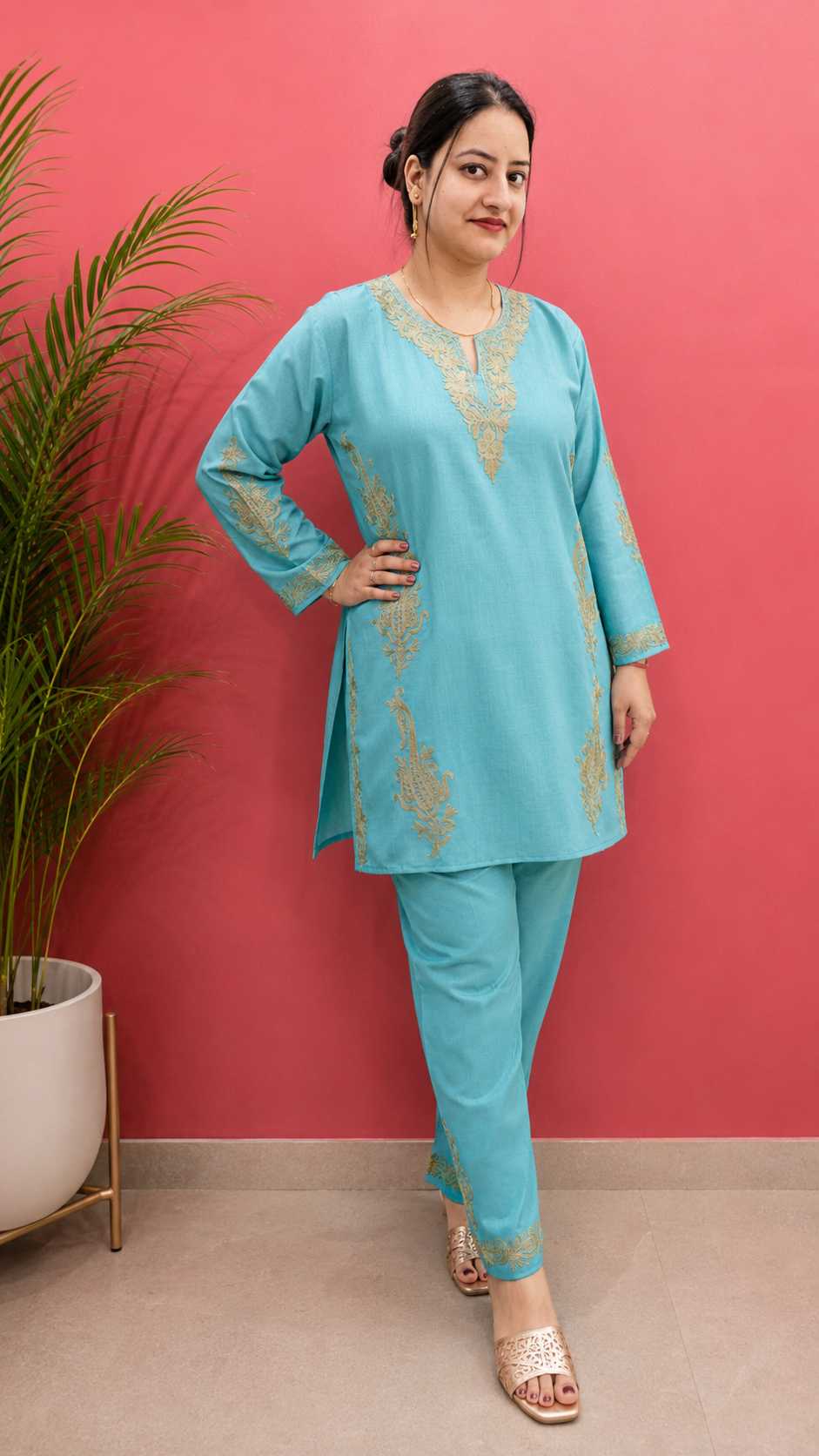Sky Blue Badami Side Aari Work Cord Set in Ruby Cotton