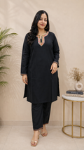 Sozni Handwork Cord Set in Black Ruby Cotton from Kashmir