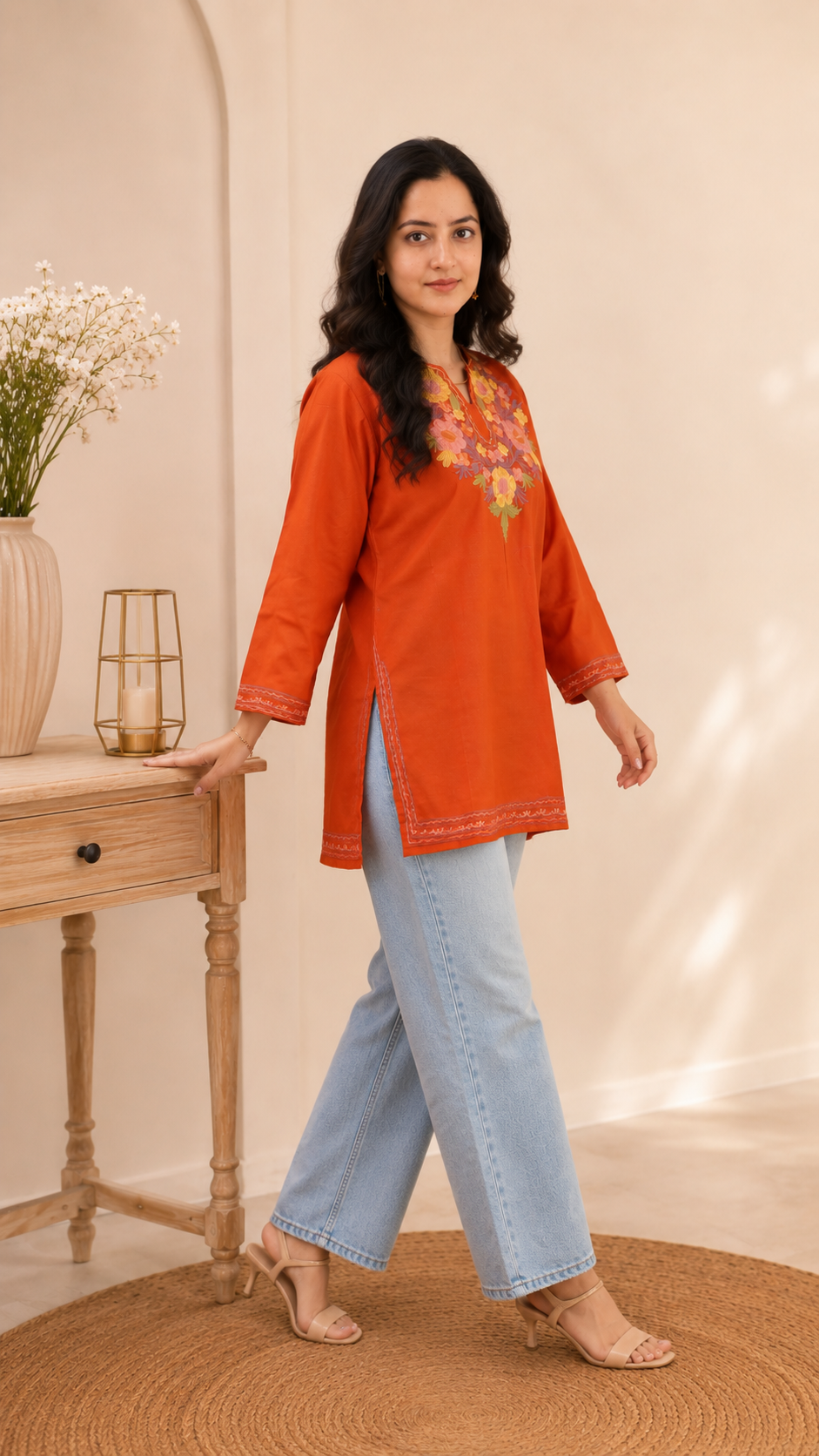Rust Purple Aari Work Short Kurti in Ruby Cotton