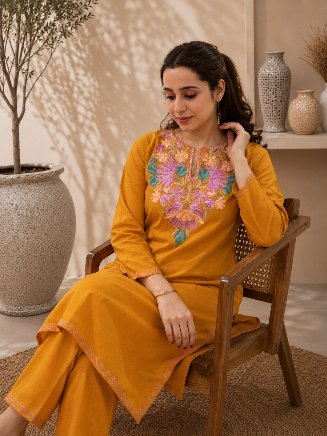 Aari Work Short Cord Set in Ruby Cotton with Floral Embroidery
