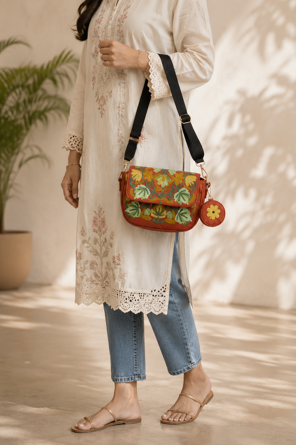 Coral Aari Work Sling Bag with Floral Motifs