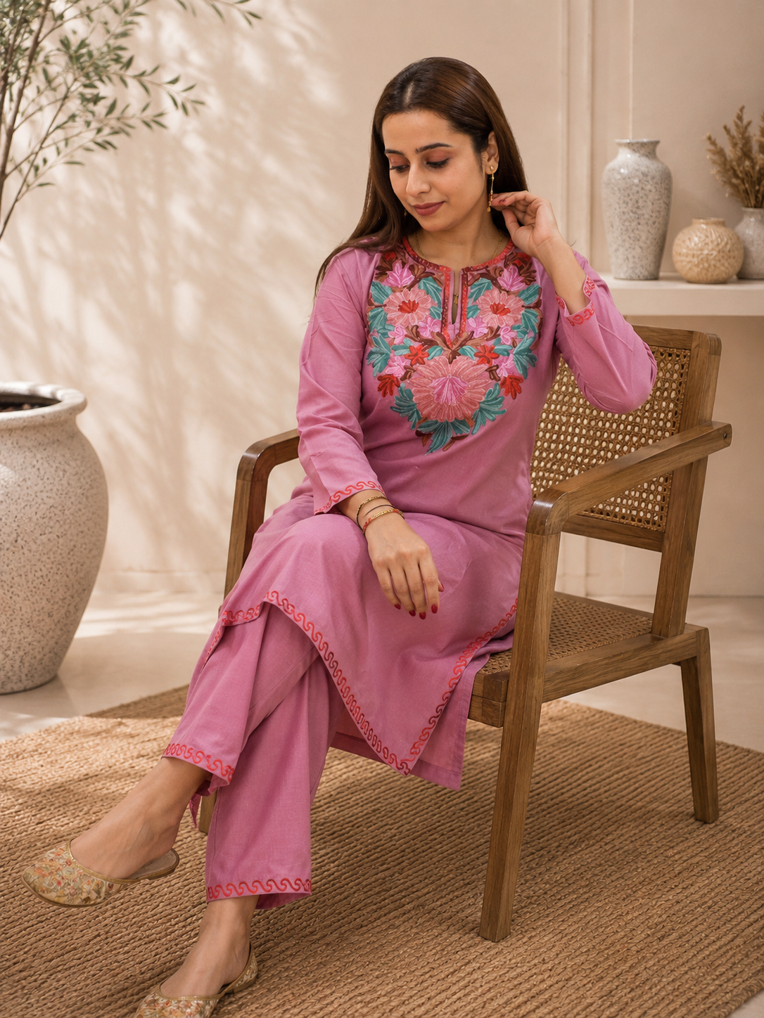 Dark Pink Aari Work Short Cord Set in Ruby Cotton