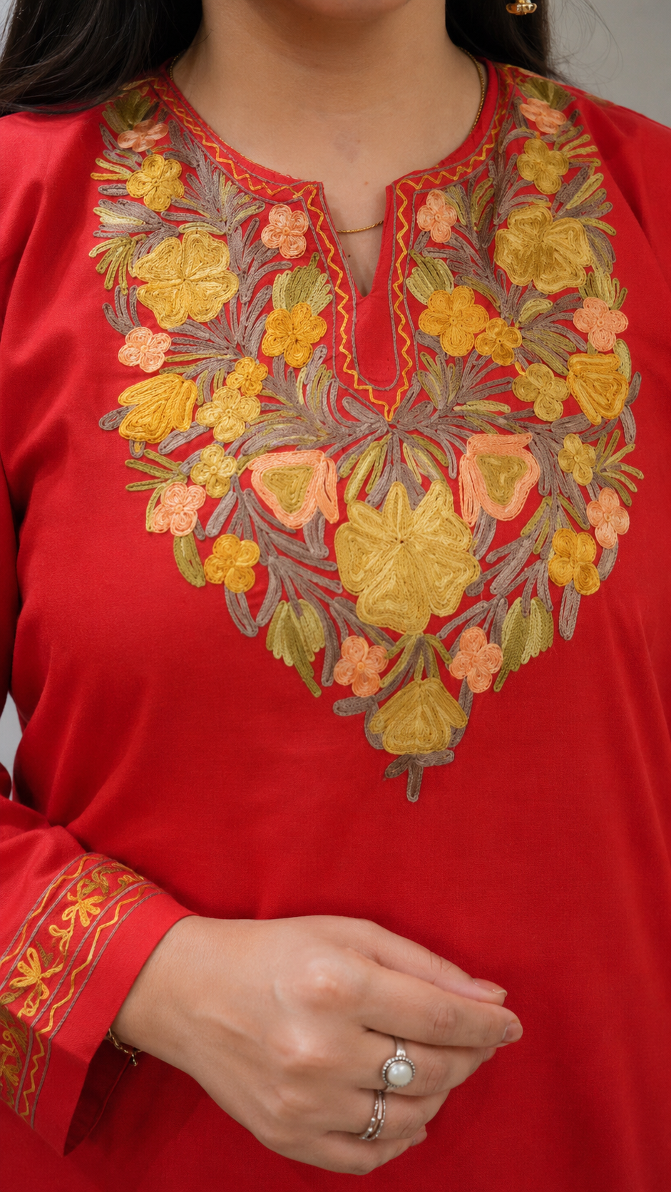 Aari Work Long Kurti in Rich Ruby Cotton
