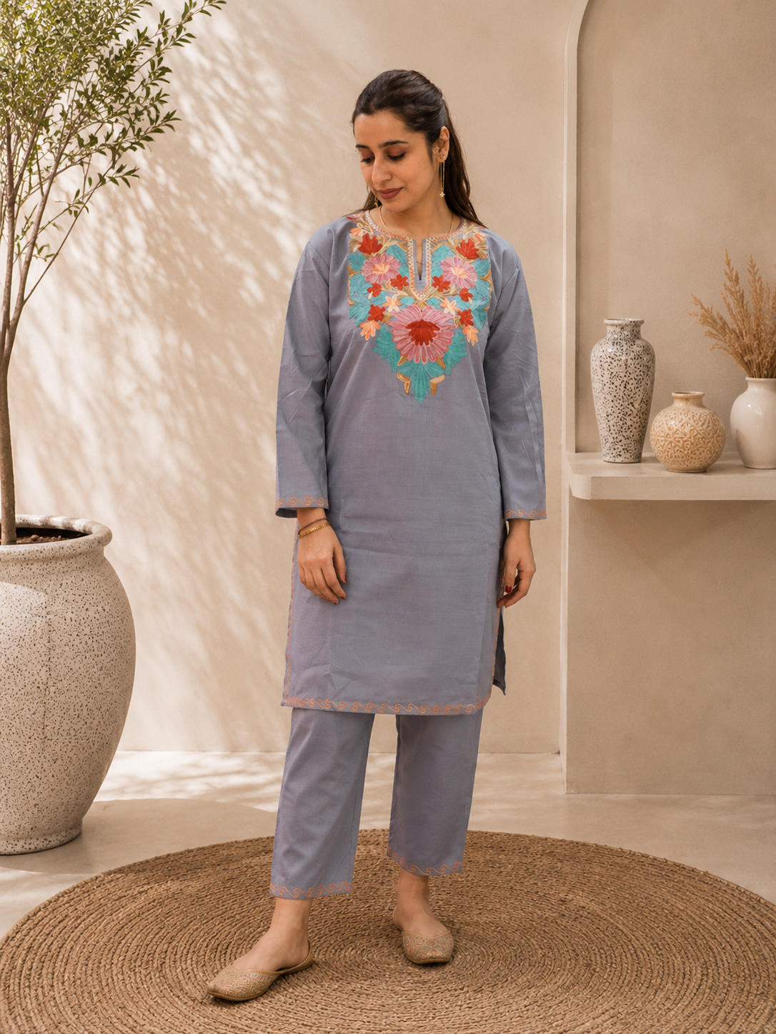 Intricate Aari Work Short Cord Set in Grey Ruby Cotton