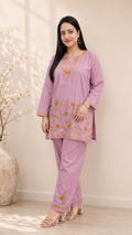Lavender Ruby Cotton Jali Daman Aari Work Cord Set