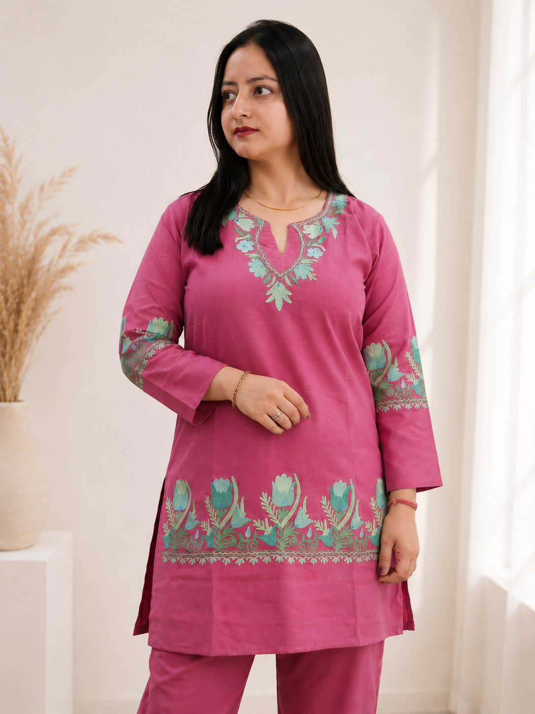 Tulip Aari Work Cord Set in Ruby Cotton with Floral Motifs