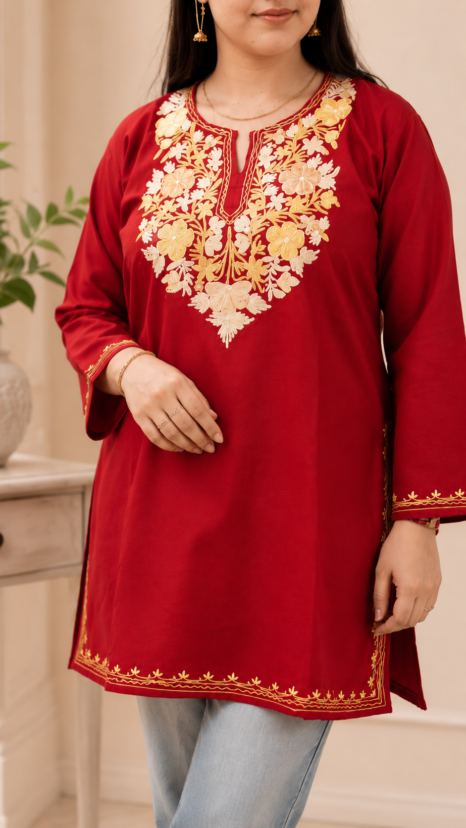 Aari Work Short Kurti in Ruby Cotton with Floral Motif