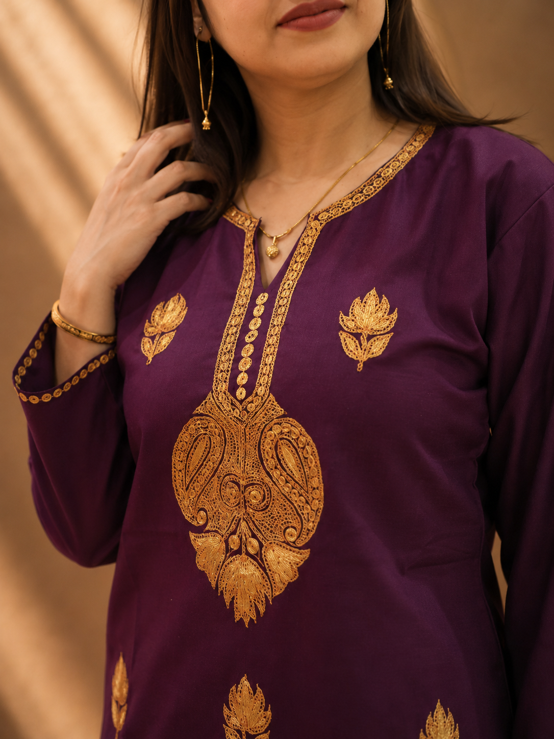 Kashmiri Tilla Work Cord Set in Wine Ruby Cotton