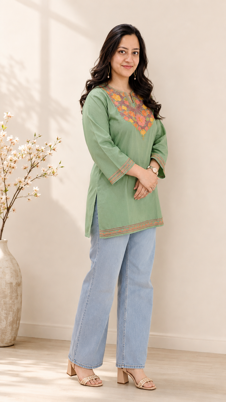 Green Wine Aari Work Short Kurti in Ruby Cotton