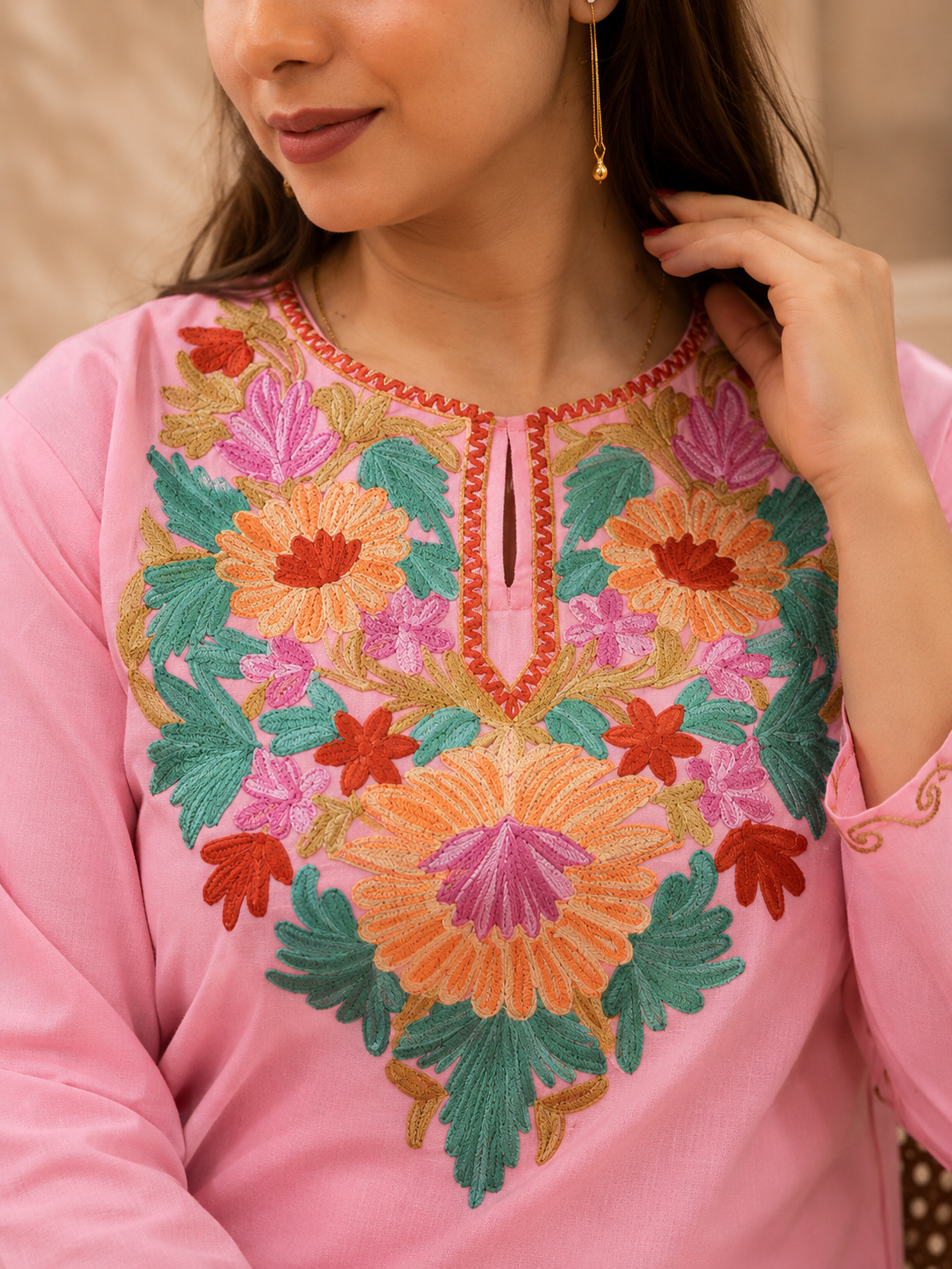 Aari Work Short Cord Set in Pink Green Ruby Cotton