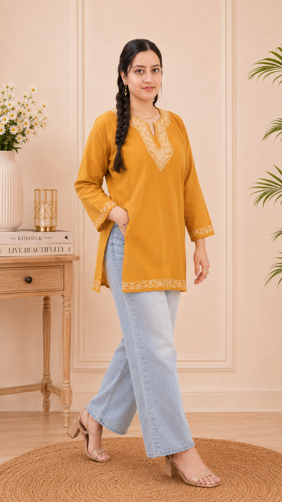 Aari Work Short Kurti in Golden Blue Ruby Cotton