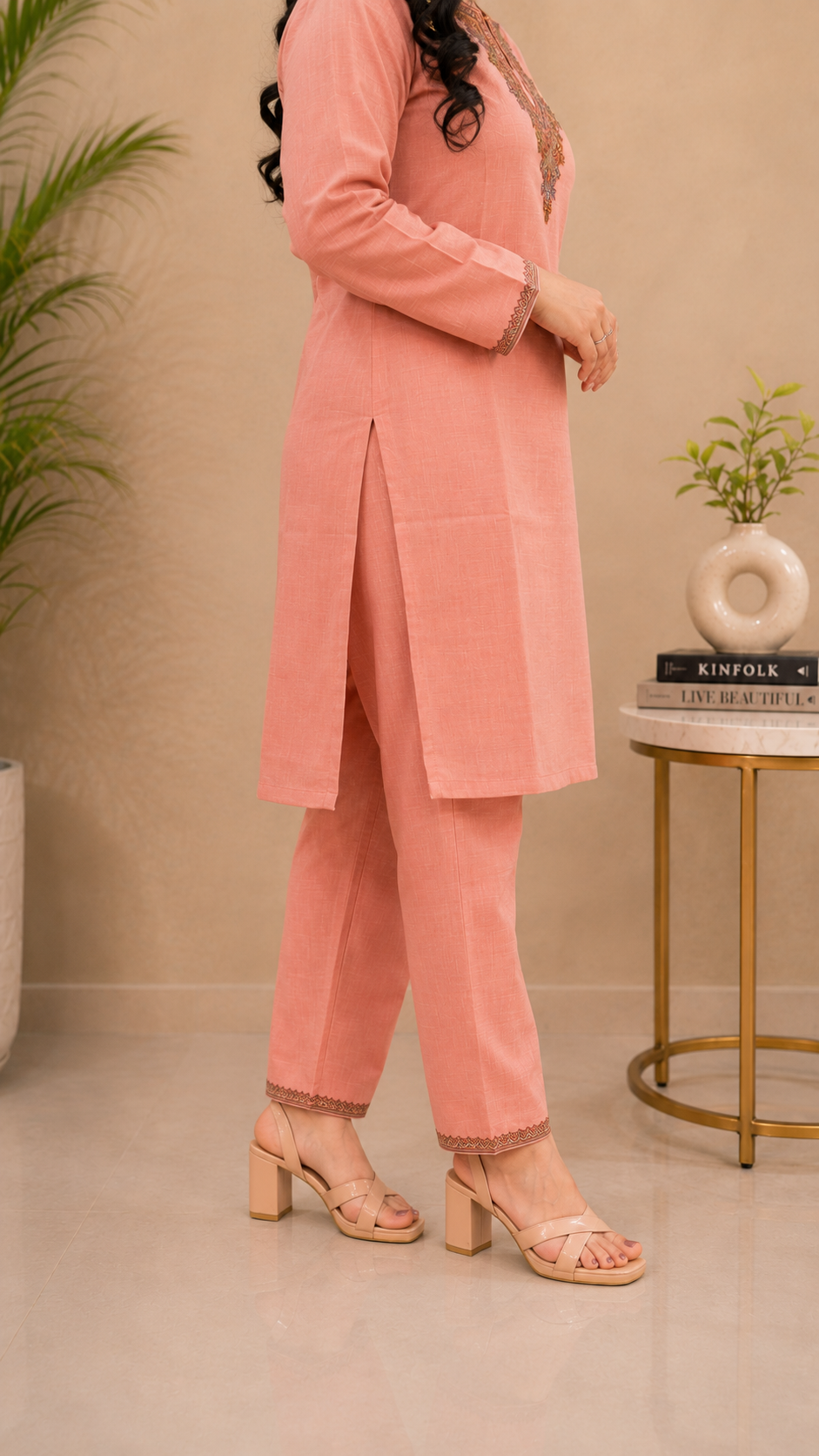 Peach Sozni Handwork Cord Set in Ruby Cotton from Kashmir