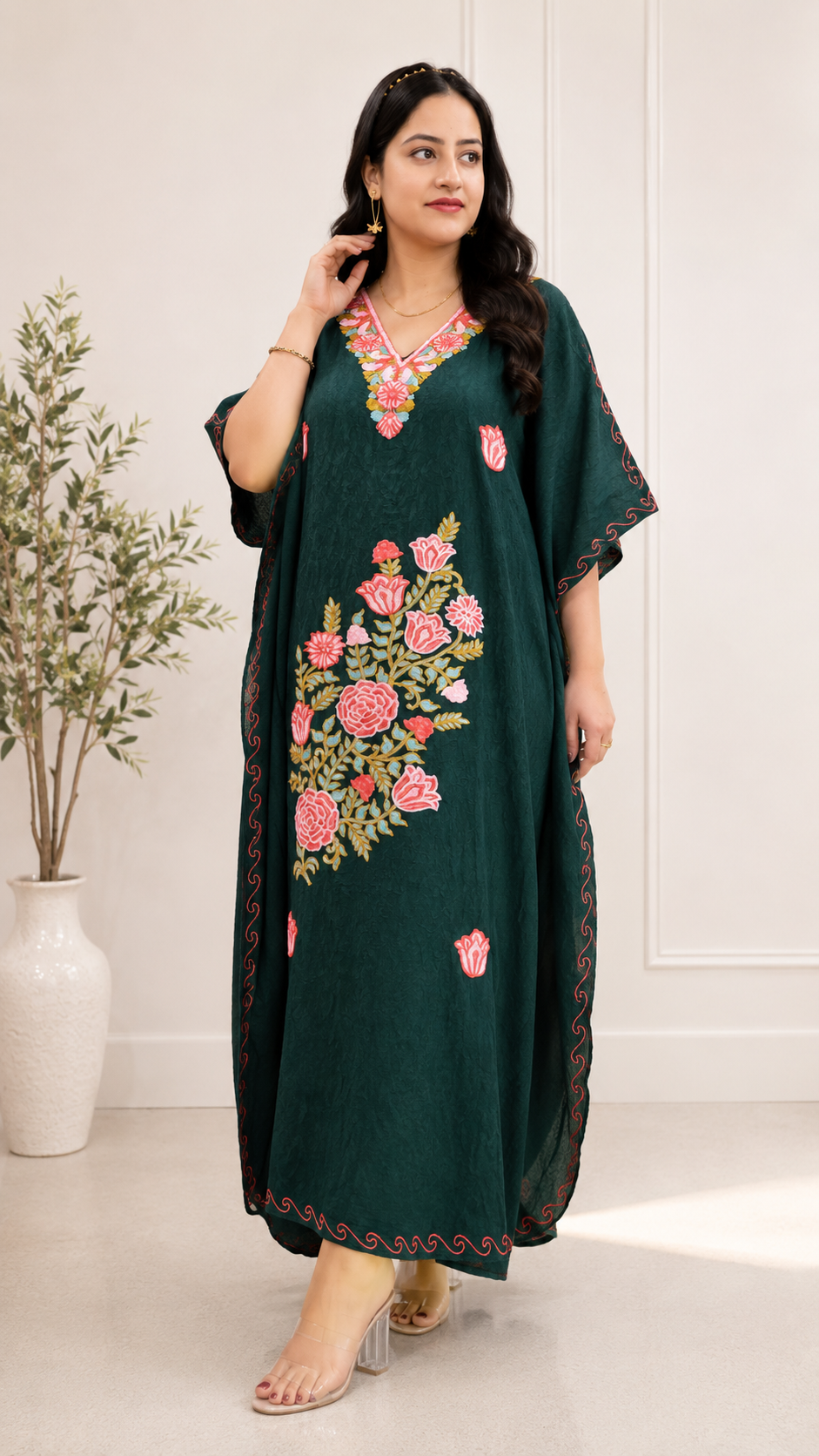 Aari Work Crushed Cotton Kaftan in Dark Green
