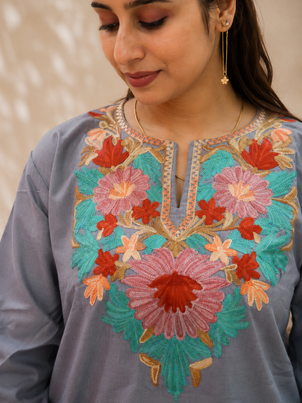 Intricate Aari Work Short Cord Set in Grey Ruby Cotton
