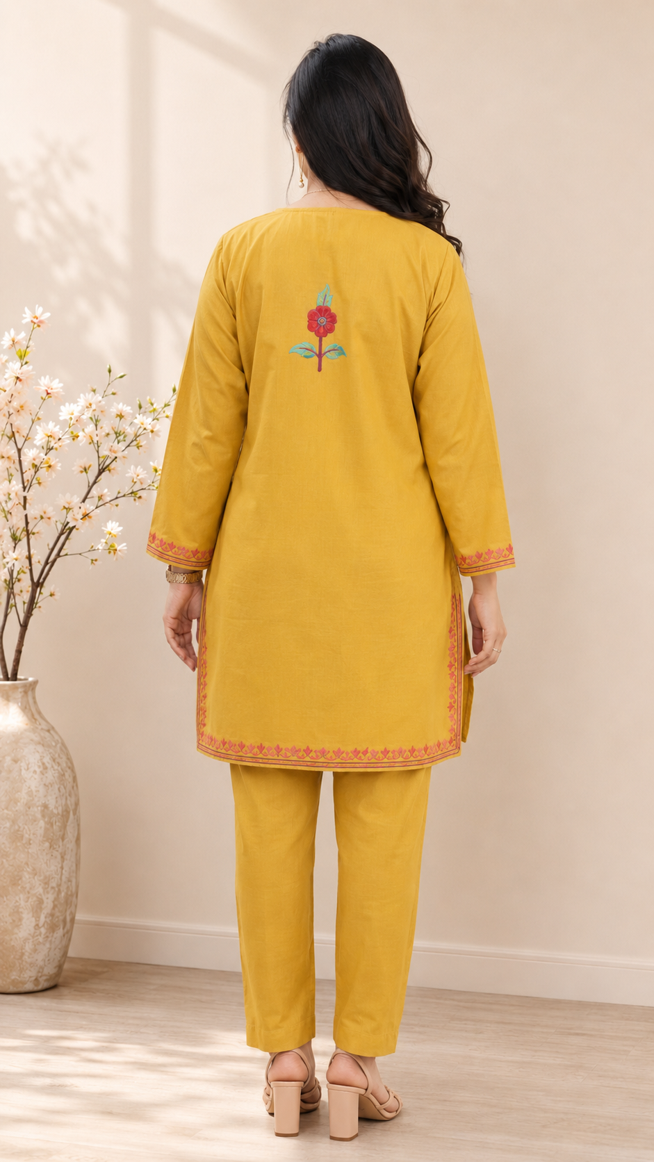 Golden Red Jali Daman Aari Work Cord Set in Ruby Cotton